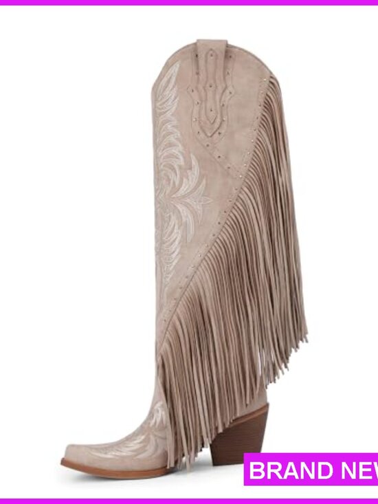 Fringe Cowgirl Boots Knee High Western Embroidered Studded Chunky Heel Pull On - Picture 4 of 7